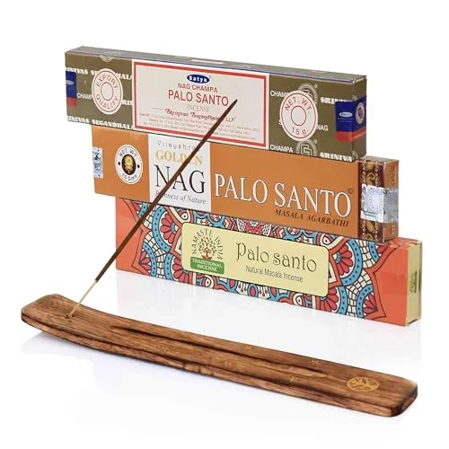 NKlaus Räucherstäbchen Palo Santo Set – Satya, Golden Nag & Namaste India + Holzhalter | 3er Räucherwerk mit Naturduft aus Indien