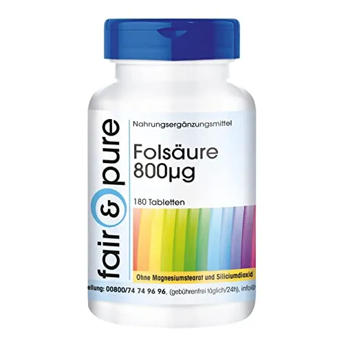 Fair & Pure® - Folsäure Tabletten 800mcg - 180 Tabletten - hochdosiert - vegan - ohne Magnesiumstearat - Großpackung für 6 Monate
