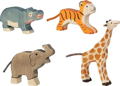 Holztiger Wilde Tiere Tierkinder Set – 4 handbemalte Spielfiguren aus Holz - 4-teiliges Set mit Elefant, Giraffe, Tiger und Nilpferd – ideal für kreatives Spielen. Handgefertigt aus robustem Holz, perfekt für Kinderhände und fördert die Fantasie.