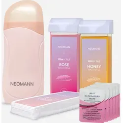 NEOMANN Roll on Wachs Roller Kit für Haarentfernung - Effizientes Waxing-Set mit Wachsmaschine, 2 Kartuschen und 50 Wachsstreifen für glatte Haut. Professionelle Ergebnisse bequem zu Hause und sanft zur Haut.