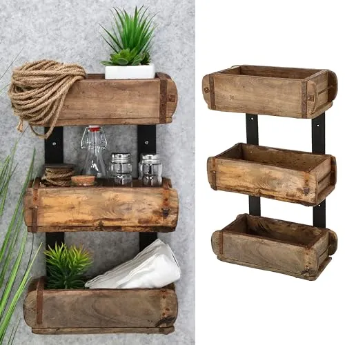 Cepewa Regal 3 Holzkisten Ziegelform Used Look | 31x50x15cm Buche Metall | Vintage Wandregal Altholz