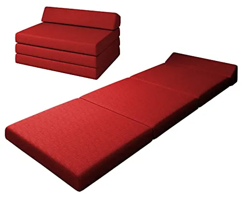 sunnypillow Premium Klappmatratze mit Kopfteil 120 x 220 x 10cm Rot | 4-teilige Faltmatratze mit abnehmbarem Bezug | Schaumstoff extra dick 10cm | Matratze klappbar Gästematratze Reisematratze |