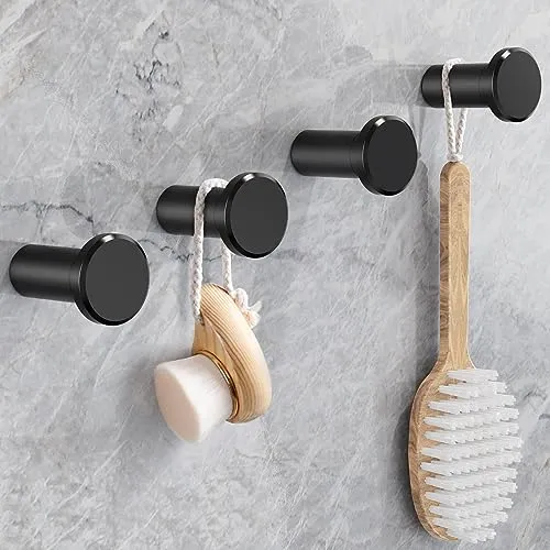 ACMETOP Kleiderhaken ohne Bohren 4 Stück Garderobenhaken Aluminium einfache Montage mit Schraube oder Klebeplatten Tragkraft bis 15 KG, Wandhaken für Küche, Bad, Arbeitszimmer und Wohnzimmer Schwarz