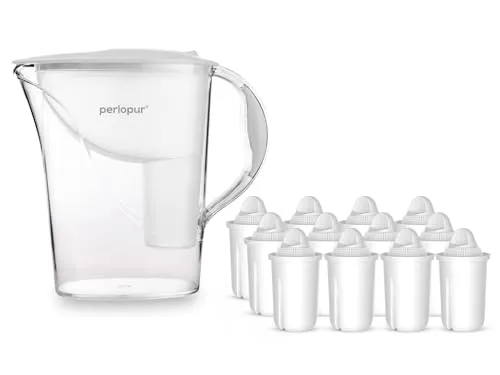 PearlCo Wasserfilter Standard Weiß mit 12 Filterkartuschen - Praktischer Wasserfilter mit 2,4 Litern Fassungsvermögen, inklusive 12 Filterkartuschen für bis zu 1.200 Liter gefiltertes Trinkwasser. Ergonomisches Design und rutschfester Stand für einfache Handhabung.
