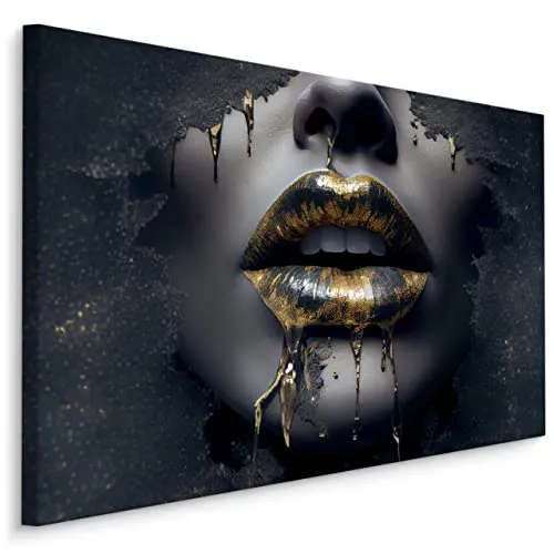 Muralo - Leinwandbild Gesicht Goldene Lippen Frau Aufhängefertig - Wandbild Kunstdruck für Wohnzimmer Schlafzimmer Büro Wanddeko Modern Vintage Glamour Loft Stil 120 cm x 80 cm