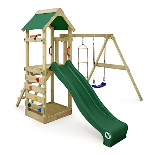 WICKEY Spielturm Klettergerüst FreeFlyer mit Schaukel & Rutsche - Outdoor-Spielplatz für den Garten: Der FreeFlyer mit 120 cm Podesthöhe bietet ein wetterfestes Dach, eine Rutsche mit Wasseranschluss und eine robuste Kinderschaukel. Ideal für unvergessliche Abenteuer im eigenen Garten!