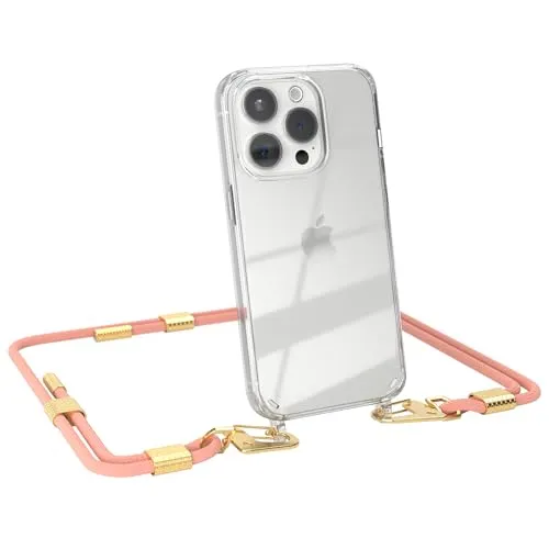 EAZY CASE - Handykette mit Karabiner kompatibel mit iPhone 15 Pro - Hülle Silikonhülle Fallschutz transparente Handyhülle Kette zum Umhängen Schutzhülle in Korall - Clips Gold