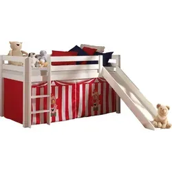 Kinderbett Karolina mit Rutsche aus Massivholz in Weiß - Spielbett mit Rutsche und Textilset 'Zirkus', ideal für kreative Kinderzimmer. Stabile Konstruktion aus hochwertigem Massivholz, mit umlaufendem Absturzschutz und einfacher Montage.