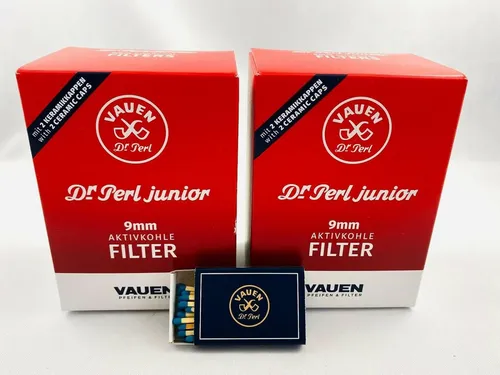 VAUEN Aktivkohlefilter Dr. Perl Junior 9mm - 360 Stück - Filter für 9mm Pfeifen mit verbessertem Aktivkohlefiltersystem für angenehmeres Rauchen und optimale Schadstoffreduktion. Inkl. gratis Zündhölzer!