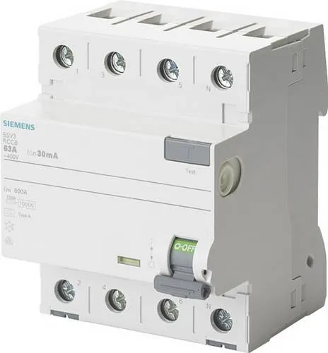 Siemens 5SV36444 5SV3644-4 FI-Schutzschalter B 4polig 40 A - SICHERUNGSMATERIAL, 4-poliger FI-Schutzschalter Typ B mit 40 A für zuverlässigen Schutz vor elektrischen Schlägen und einfache Bedienung durch Schieber-Hand-Betätigung.