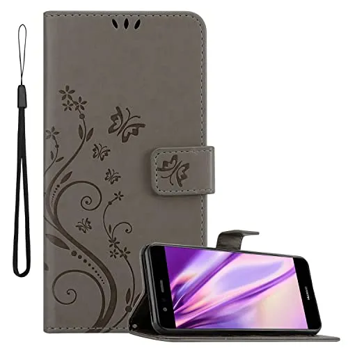 Cadorabo Hülle kompatibel mit Huawei P10 LITE Blumen Design aus Premium Kunst Leder Flip Klappbare Stoßfeste Magnetische [Standfunktion] [Kartenfächern] Cover Hülle für Huawei P10 LITE Tasche in Grau