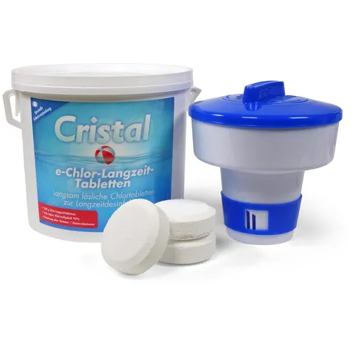 CRISTAL e-Chlor-Langzeit-Tabletten 200g 5,0 kg + Dosierschwimmer Pool Schwimmbad