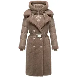 Navahoo Damen Langer Materialmix-Wintermantel mit Plüsch und Kapuze - Eleganter Wintermantel mit modischem Materialmix aus kuscheligem Teddy-Kunstfell und glänzenden Stepp-Elementen. Der abnehmbare Kapuzen-Einsatz und der Taillengürtel sorgen für individuellen Stil und hohen Tragekomfort.
