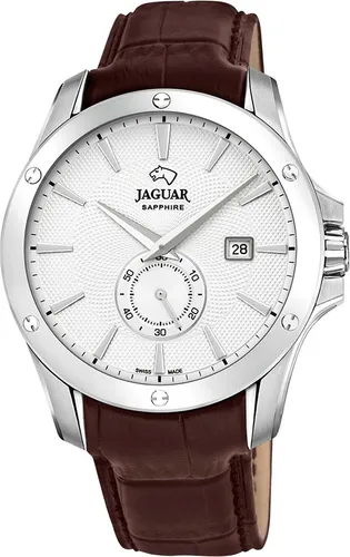 JAGUAR WATCHES Mod. J878/1 Uni - Braun/Braun - Herrenuhr mit Quarzwerk und Saphirglas, wasserdicht bis 10 bar. Sportliches Design mit braunem Lederarmband und silbernem Edelstahlgehäuse.