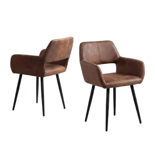 MEUBLE COSY Esszimmerstühle 2er Set Küchenstuhl Polsterstuhl mit Armlehne Sessel Wildledersitz Wohnzimmerstuhl Metallbeine, Braun Vintage, 56x56x78cm