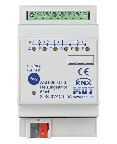 MDT AKH-0600.03 Heizungsaktor 6-fach - KNX Heizungsaktor für die präzise Steuerung von bis zu 24 Stellantrieben. Mit LED-Anzeige und integrierten Temperaturregler für optimalen Komfort bei Heizung und Kühlung.