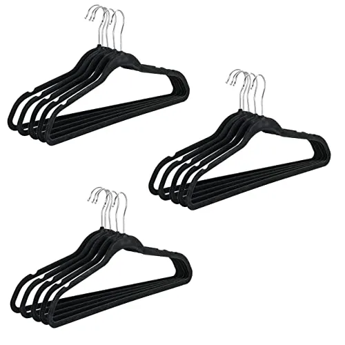 WENKO Kleiderbügel mit samtig-beflockter Anti-Rutsch-Beschichtung, 15er Set, Bügel für die Kleiderstange mit Hosen-Steg und Rockeinkerbungen, platzsparend & praktisch, Kunststoff, 45 x 23,5 x 0,4 cm