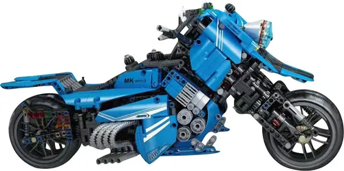 Mould King 23009 - Blaues Motorrad aus Klemmbausteinen - Entdecken Sie das Mould King 23009 blaues Motorrad mit 1536 hochwertigen Klemmbausteinen. Ideal für kreative Bauprojekte und kompatibel mit anderen Marken. Maße: 41,5 x 17,8 x 19 cm.
