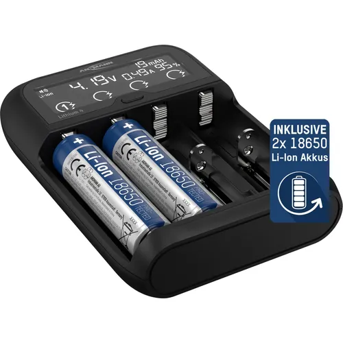 Ansmann Lithium 4 Universalladegerät mit 2x 18650 Akkuzellen - Ladegerät für LiIon, LiFePO4 und NiMH Akkus, ideal für vielseitige Anwendungen mit automatischer Erkennung der Zellchemie und hervorragendem Preis-Leistungs-Verhältnis.