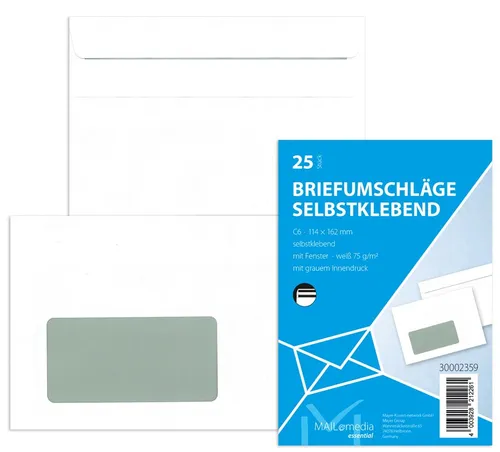 MAILmedia Briefumschlag Offset weiß C6 mit Fenster 25 Briefumschläge