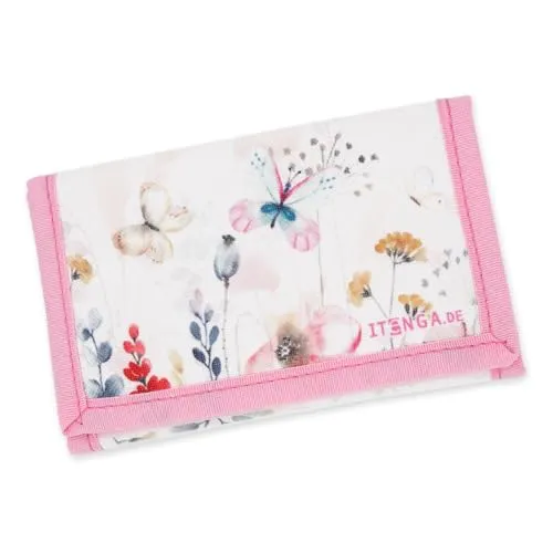 itenga Kinder Geldbörse Mädchen - Geldbeutel und Brustbeutel - Schmetterling - mit Klettverschluss, Kordelband, Geldscheinfach und Münzfach Sichtfenster