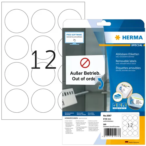 Produktbild HERMA 5067 ablösbare runde Etiketten Ø 60mm weiß selbsthaftend 300 Stück
