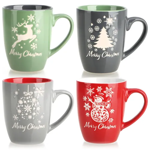 4x Kaffeebecher aus Keramik - Kaffee-Tasse in modernem weihnachtlichem Design -