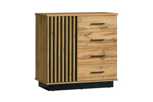 Deine Möbel 24 Kommode LAMI 5 in Wotan Eiche & Schwarz Matt - Moderne Kommode LAMI 5 mit 4 Schubladen und 1 Tür für stilvolle Aufbewahrung. Ideal für jedes Zimmer, vereint elegantes Design mit funktionalem Stauraum. Pflegeleichte Oberflächen und kompakte Maße machen sie perfekt für kleinere Räume.