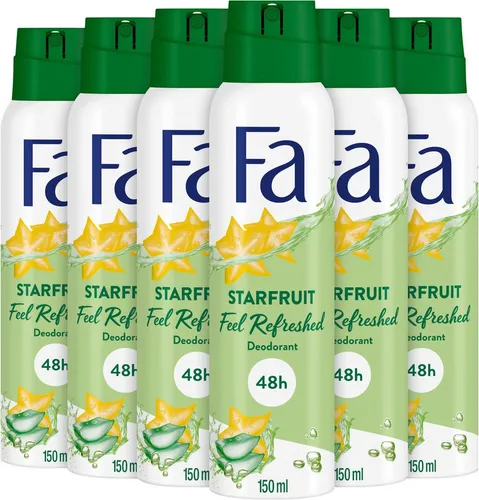FA Deo-Spray Starfruit Sternfrucht Feel Refreshed, 6x 150ml - Erlebe erfrischenden Schutz mit dem Fa Deo-Spray Sternfrucht. Bis zu 48 Stunden langanhaltender Schutz, ohne Aluminiumsalze und ohne Rückstände auf der Kleidung. Ideal für einen frischen Start in den Tag!