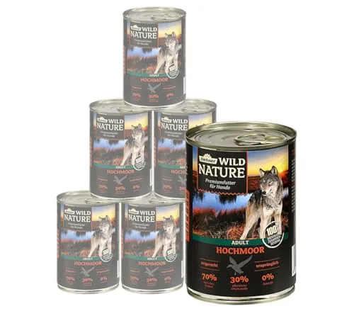 Dehner Wild Nature Hundefutter Hochmoor, Nassfutter getreidefrei / zuckerfrei, für ausgewachsene Hunde, Ente, 6 x 400 g Dose (2.4 kg)