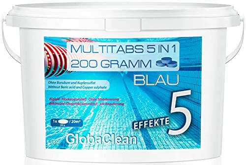 GlobaClean Chlor Multitabs 5 in 1-200g Chlortabletten für Pool - 3kg Blau - 5-Phasen Wirkung für sichere und saubere Poolpflege - Made in Europe - für kristallklares und hygienisches Poolwasser