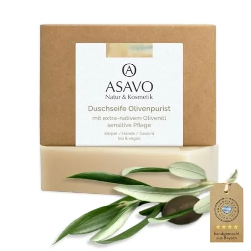 ASAVO Premium Olivenölseife, handgemachte BIO Seife mit extra-nativem Olivenöl, 100% Naturseife, Olivenseife ohne Parfümzusatz, vegan, 95g