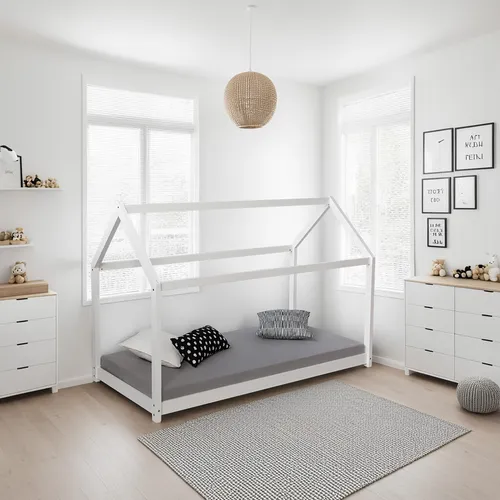 Homestyle4u 1849 Hausbett Kinderbett 90x200 Weiß - Stabiles Hausbett aus 100% massivem Kiefernholz, ideal als Kuschel- und Schlafplatz für Kinder. Leicht zu montieren und pflegeleicht, ein echter Hingucker im Kinderzimmer!
