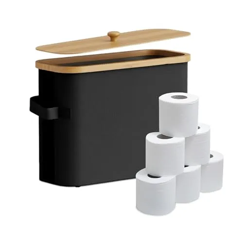 Relaxdays Klopapier Aufbewahrungskorb für 12 Rollen - Stylischer Klopapierkorb aus robustem Stoff mit Bambusdeckel. Platzsparendes Design für Bad und Gäste-WC, bietet Platz für 12 Rollen und ermöglicht einfaches Entnehmen.