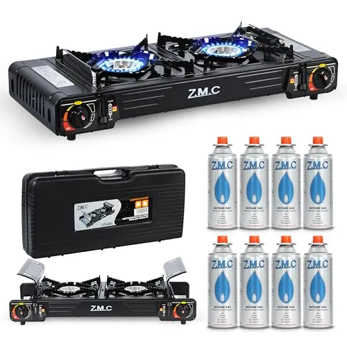 Z.M.C Premium Camping Gaskocher 2-flammig + 8 Gaskartuschen 227g, Campingkocher mit Transportkoffer für Outdoor und Innenraum, Balkon Tisch Kocher, Doppelgaskocher mit Piezozündung