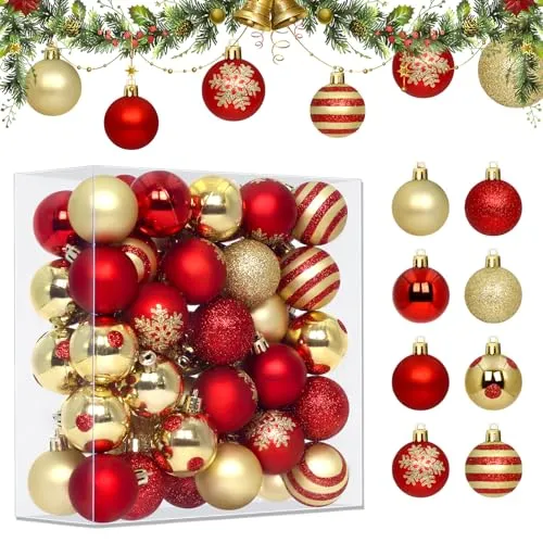 Weihnachtskugeln Christbaumkugeln Set 50tlg Ø 4cm, Weihnachtskugeln Kunststoff Weihnachtsbaumkugeln Weihnachtsbaum Deko & Christbaumschmuck mit Aufhänger, Thema Rot Gold