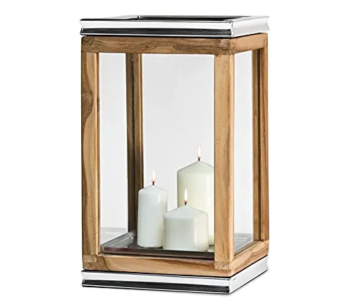 EDZARD Laterne Dubai, Teakholz, Edelstahl vernickelt, Höhe 44 cm, Grundfläche 26 x 26 cm, Gewicht 4,7 kg - Hochwertige Gartenlaterne aus Holz, Windlicht, Gartendeko