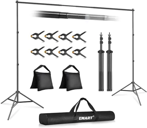 EMART Foto Hintergrund Ständer, 2x3m Verstellbarer Hintergrundsystem mit 8 Hintergrundklemmen, 2 Sandsack für Fotostudio Porträt Produktfotografie Studiofotografie, aus Metall
