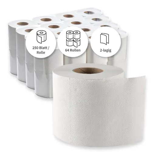 Franz Mensch HygoClean Toilettenpapier, Kleinrolle, 2-lagig, natur | aus, 64 Rollen je 250 Blatt, besonders Weiches Klopapier, WC-Papier,