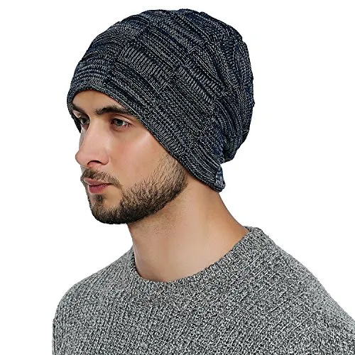 DonDon Mütze Herren Wintermütze Slouch Beanie Strickmütze mit warmen Fleece Innenfutter Nachtblau weiß