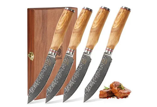 Zayiko Olive 4er Steakmesser-Set aus Damaststahl - Küchenmesser Set mit 12 cm Klingen aus 67 Lagen Damaststahl, ergonomische Olivenholzgriffe und elegante Holzbox – perfekt für Fleischliebhaber!