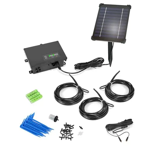 Esotec Solar automatisches Bewässerungssystem mit 15 Pfeiltropfer - Automatische Pflanzenbewässerung für den Außenbereich mit flexibler Montage. Inklusive Wasserstandssensor und integrierten Wasserfilter für sauberes Wasser. Ideal für Balkon, Gewächshaus und Garten.