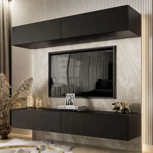 Wohnwand COLETTE Schwarz mit LED-Beleuchtung - Stilvolle Wohnwand mit praktischem Stauraum und innovativem Push-Open-System. Perfekt für Ihr Zuhause, um Eleganz und Funktionalität zu vereinen. Inklusive der Möglichkeit zur LED-Beleuchtung für ein atmosphärisches Ambiente.