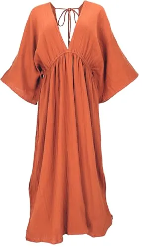GURU SHOP Boho Sommerkleid, Luftiges Langarm-Baumwollkleid mit Tiefem Ausschnitt, Maxikleid, Kaftan - Rostorange, Damen, Baumwolle