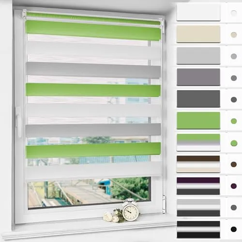 Magiea Doppelrollo Klemmfix ohne Bohren & mit Bohren, Grün-grau-weiß B70 x H120 cm Stoffbreite 66 cm, Klemmrollo lichtdurchlässig und Blickdicht, Fensterrollo Sonnenschutzrollo für Fenster