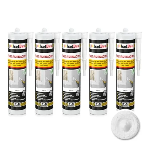 Isolbau Fassaden-Acryl - Acryl-Dichtstoff mit Körnung zum Füllen von Rissen & Fugen im Innen- & Außenbereich - Weiß, 5 x 300 ml Kartusche