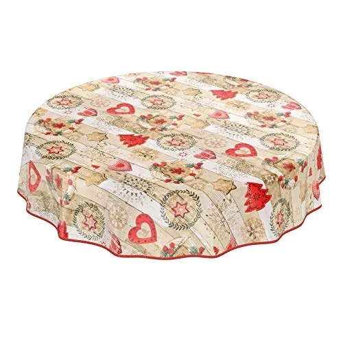 ANRO Tischdecke Weihnachtstischdecke abwaschbar Wachstischdecke Christmas Rot Beige Rund 120cm mit Saum