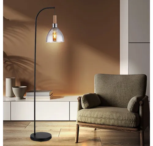Elegante Stehlampe mit Rauchglas und Holzoptik - Stehleuchte in Schwarz mit 7W LED, 806 Lumen, und Fußtrittschalter. Ideal für Wohnzimmer, schafft eine gemütliche Atmosphäre und ermöglicht individuelle Lichtgestaltung.