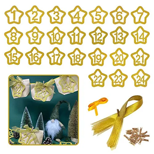 Oblique Unique® Adventszahlen 1-24 in Stern Form mit Holzklammern in glitzernden Gold Girlande für DIY Adventskalender Anhänger Deko für Weihnachten