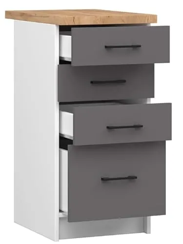 BDW - Küchenschrank Weiß/Grau - Schrank Küche mit Arbeitsplatte und Schubladen - Schrank 40 cm breit, 85 cm hoch - Küchenschränke Einzeln, Küchenmöbel Einzelteile